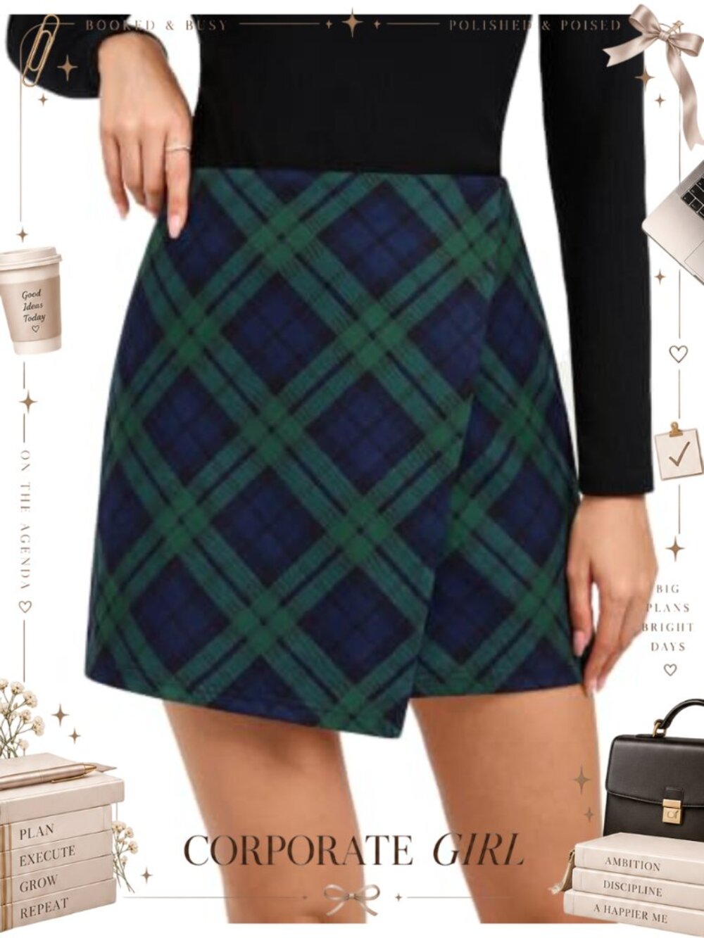 High Waisted Plaid A-Line Mini Skirt Zip Up Elastic Waist